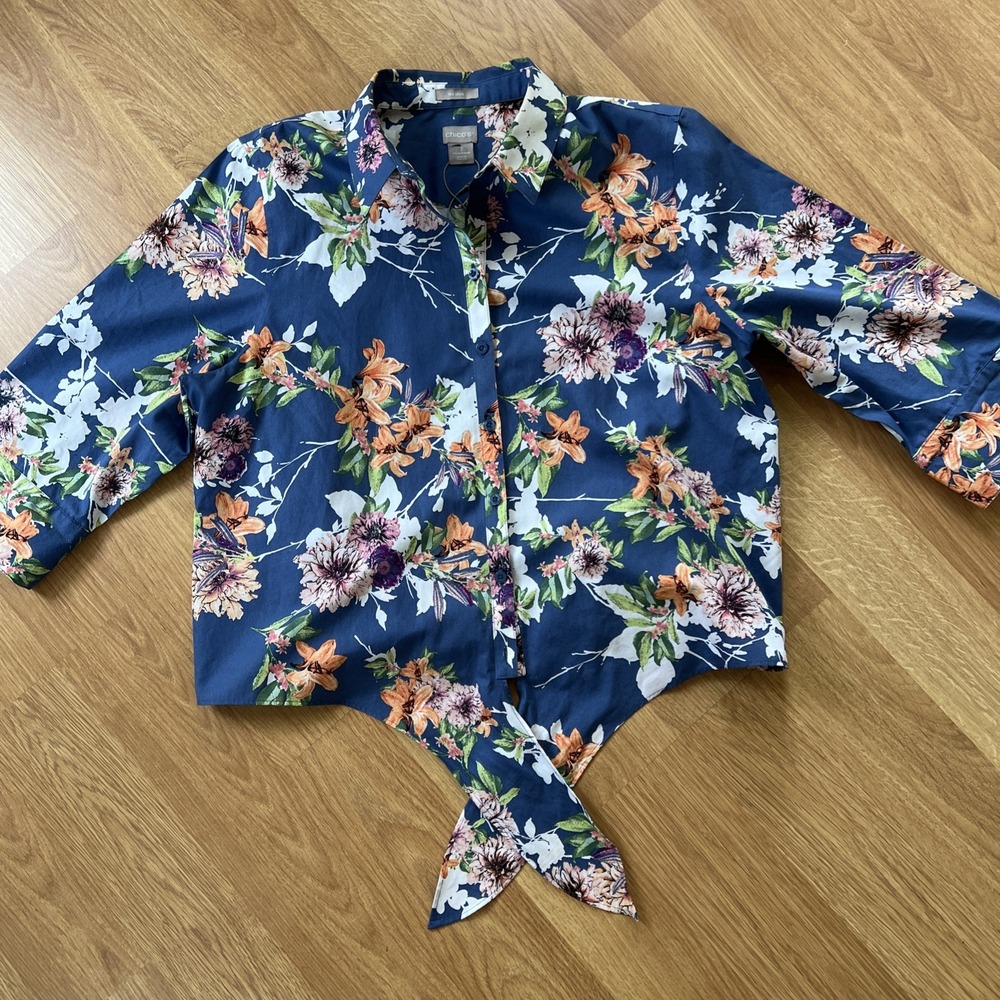 Chicos Top Womens Sz 3 = 16/18 Button Down‎ Collar Tie Roll Sleeve Floral Cruise